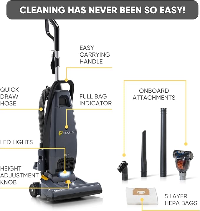 Prolux Phantom Pro Commercial Upright Vacuum Cleaner – HEPA Filtration, Bagged, High-Suction, Deep Cleaning, Lightweight with Onboard Tools only 12lbs Ideal for Business, Professional & Industrial Use