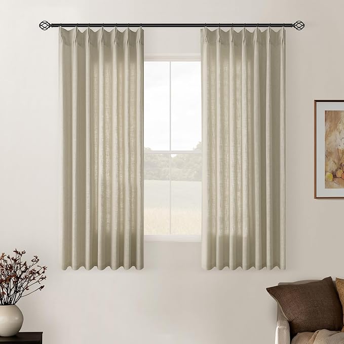 Khaki Beige Linen Curtains 45 Inch Length 2 Panel Set for Small Windows Rustic Country Linen Cotton Light Filtering Drapes Privacy Pinch Pleated Back Tab Semi Sheer Kitchen Curtains 45 Inches Long