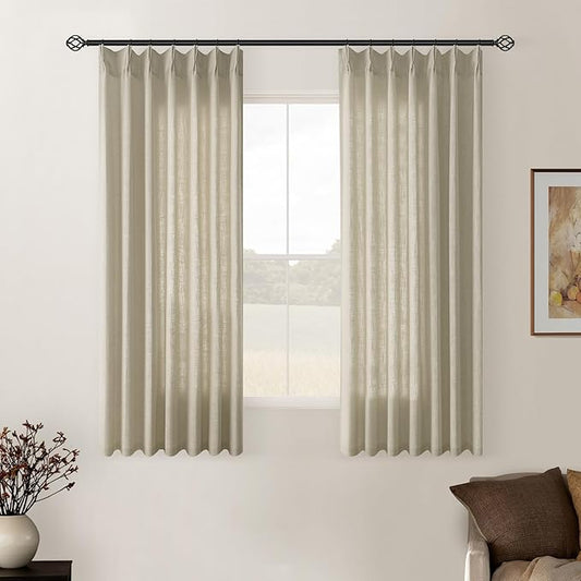 Khaki Beige Linen Curtains 45 Inch Length 2 Panel Set for Small Windows Rustic Country Linen Cotton Light Filtering Drapes Privacy Pinch Pleated Back Tab Semi Sheer Kitchen Curtains 45 Inches Long