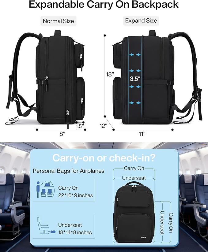 MILADA Expandable Travel Backpack 28L to 39L, TSA-Approved Carry On Backpack with 17 Inch Laptop Compartment, School Business Work Backpack for Men & Women, Black