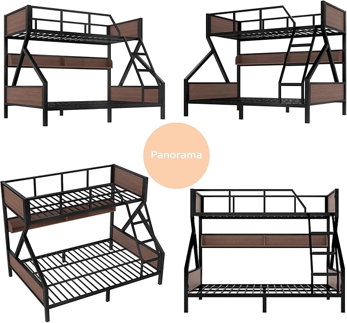Bellemave Twin XL Over Queen Bunk Bed with Shelves, Metal Bunk Beds with Ladders and Lights, Heavy-Duty Bunkbed for Bedrooms, Guest Rooms and Dorms, No Box Spring Needed and Noise-Free Design, Black