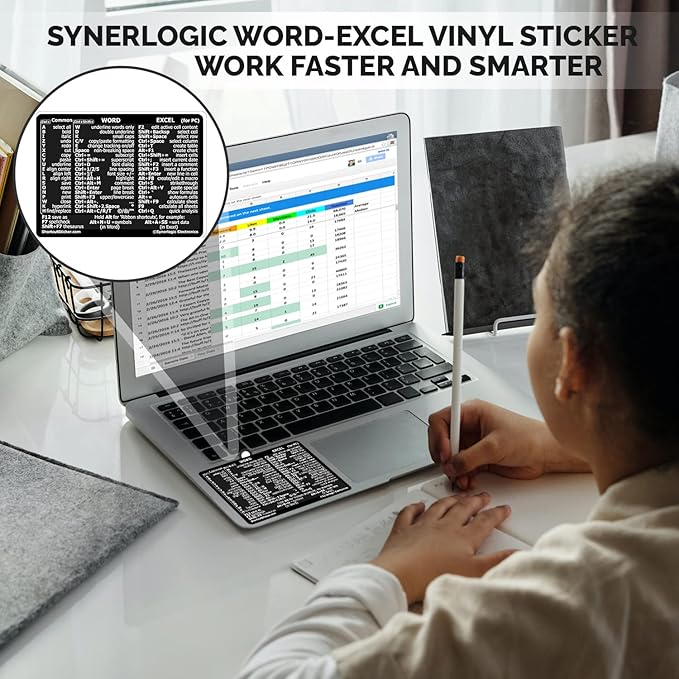 Synerlogic (2pcs) Word/Excel Windows Shortcut Sticker | Reference Guide Keyboard Shortcuts | Work from Home Essentials | Excel Shortcuts Cheat Sheet Laminated Vinyl (Black/Small/2)