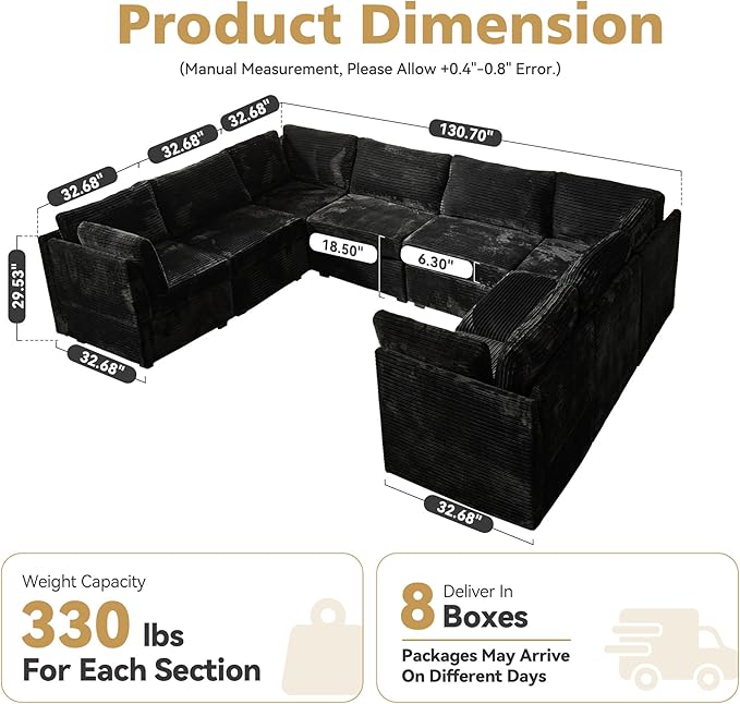 Large 8 Seat Modular Sectional Sofa with Ottoman Seat Corduroy Sleeper Sectional Sofa Bed Oversized Convertible Modular Couch for Living Room