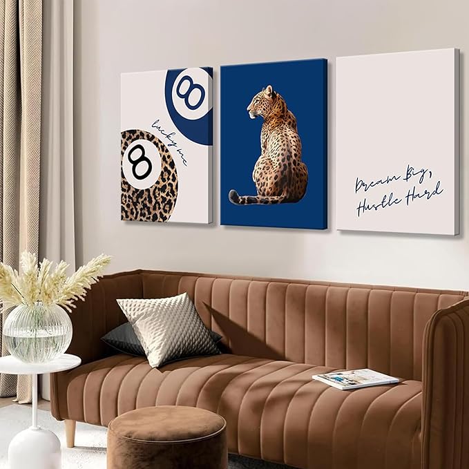 Navy Blue 3 Pcs Leopard Print Canvas Wall Art Cheetah animal prints 8 Ball Lucky Me pictures Trendy Wall decor Y2k aesthetics painting artwork for Apartment Dormitory College Decoration 12x16in