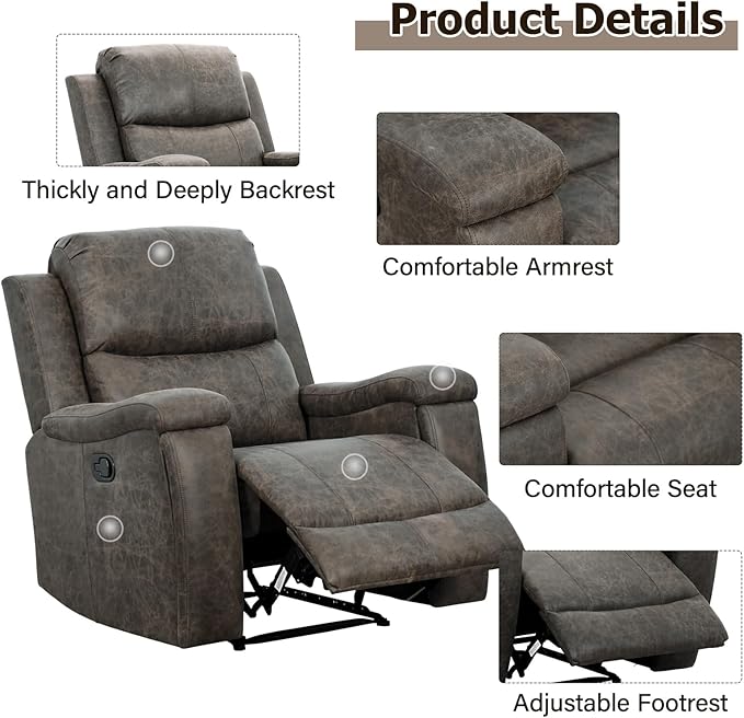 CANMOV Leather Recliner Chair, Classic and Traditional Manual Recliner Chair with Overstuffed Arms and Back, Manual Single Sofa with Concealed Cup Holders,Grey