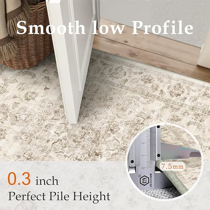 2x12 Washable Neutral Runner Rug Beige Vintage Hallway Kitchen Carpet Non-Slip Soft Low Pile Floral Throw Rug for Bedroom Bathroom Laundry Living Room