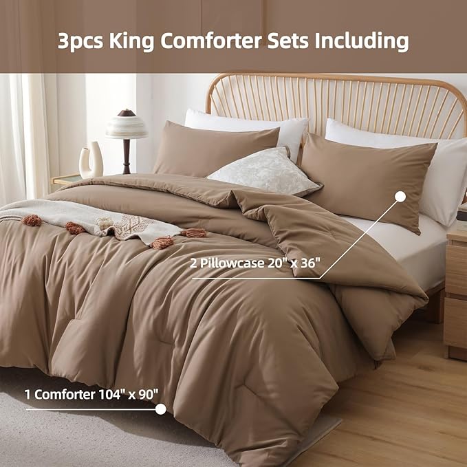 ROSGONIA King Size Comforter Set Dark Khaki, 3pcs King Comforter Set(1 Khaki Comforter & 2 Pillowcases) All Season Lightweight Bedspread Blanket Quilt