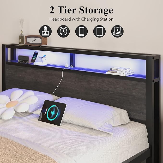 Queen Size Bed Frame with Storage Headboard and LED Lights, Industrial Platform Bed with Charging Station, Heavy Duty Metal Slats, No Box Spring Need, Noise Freee, Grey