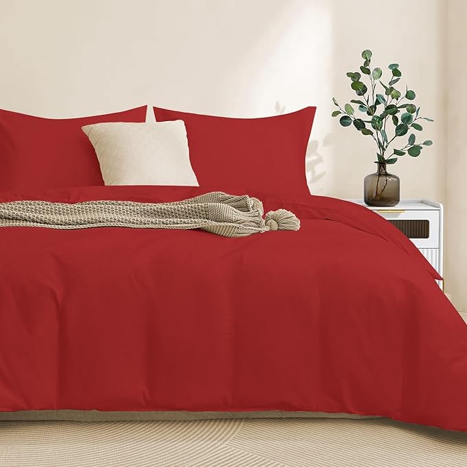 100-Percent Cotton Duvet Cover Set, Hidden Zipper Closure, Ultra Soft, Easy Care and Durable, Simple Bedding Style, King, Red (Comforter Not Included)