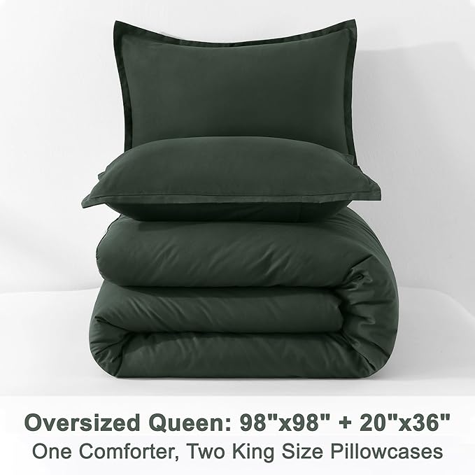 Litanika Comforter Set, Lightweight Solid Bedding Comforter Set, Fluffy Down Alternative Bed Set, Forest Green, Oversized Queen