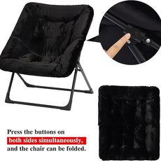 Comfy Saucer Chair for Adults, Soft Faux Fur Bedroom Chair with Ottoman, Accent Dorm Chairs, Living Room Reading Chairs and Footstool, Folding Lounge Seat for Teens, X-Large, Black