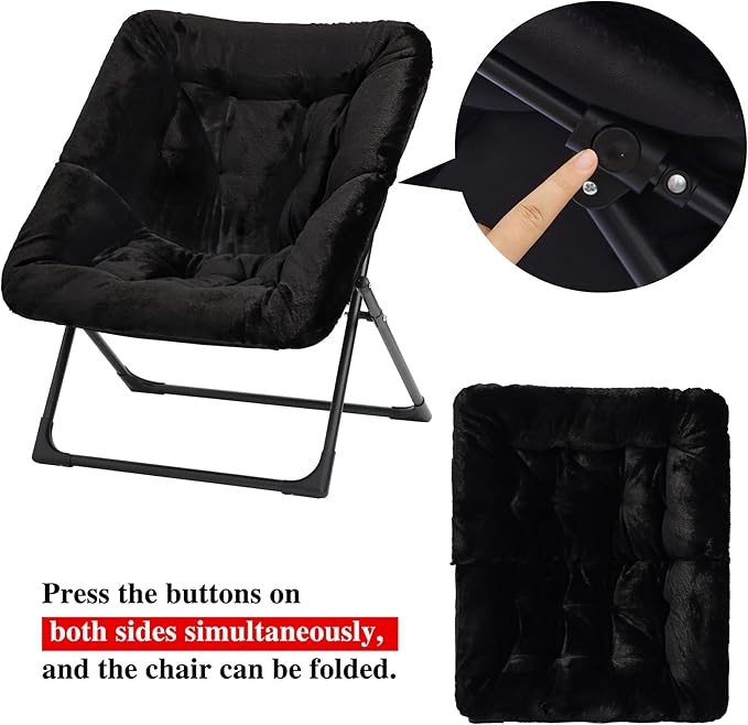 Comfy Saucer Chair for Adults, Soft Faux Fur Bedroom Chair, Accent Dorm Chairs, Flexible Living Room Reading Chairs, Oversized Folding Lounge Seat for Teens, X-Large, Black