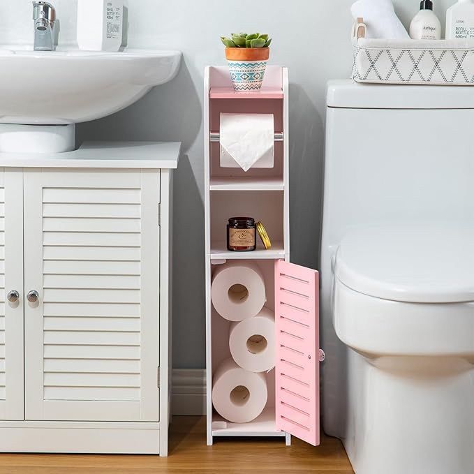 AOJEZOR Toilet Paper Holder Stand: Small Bathroom Storage Cabinet - Rose Dawn - White