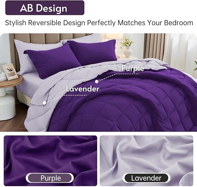 MUXHOMO 5 Pieces Twin XL Comforter Set, Reversible Bed in a Bag Twin XL Size, All Season Bedding Set with Comforter, Flat Sheet, Fitted Sheet, Pillowcases & Shams, Purple & Lavender