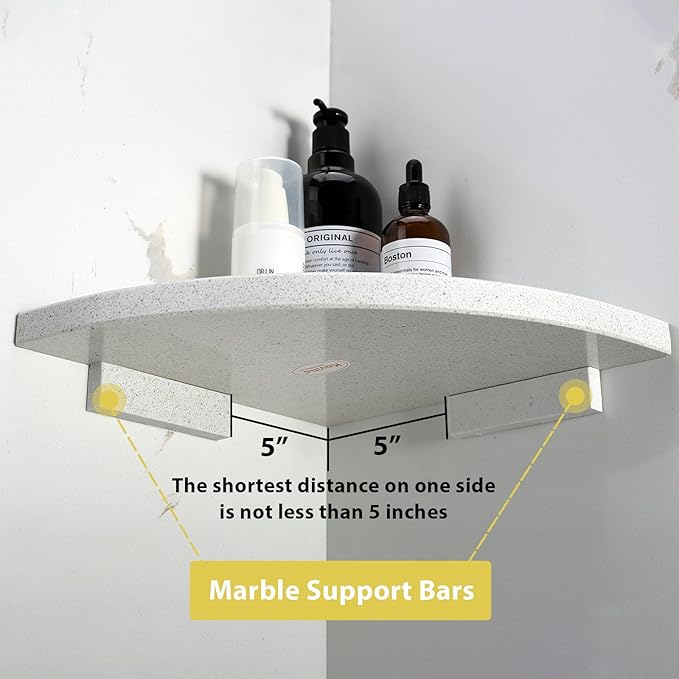 Koville Italian Marble Corner Shower Shelf for Bathroom, 10'' Marble Corner Shelves for Bath, Wall Mounted Stone Corner Shower Caddy, No Drilling Adhesive Shower Shelf - White Cliff (2-Layer)