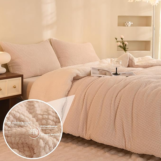 3D Jacquard Design Comforter Set, Ultra-Soft Warm King Size Sherpa Fur Plush 3-Pieces Sets Luxury Cozy Bedding with 2 Pillowcases (104"x90", Cream White)