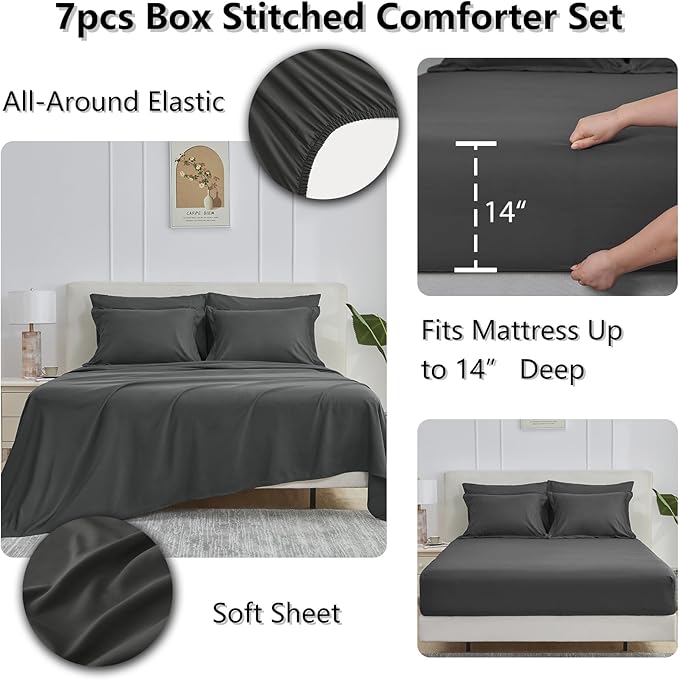 CozyLux Full Size Comforter Sets Dark Grey - 7 Pieces Bed in a Bag Full, Oeko-Tex Certified Bed Set, All Season Soft Bedding Set with Down Alternative Comforter, Sheets, Pillowcases & Pillow Shams
