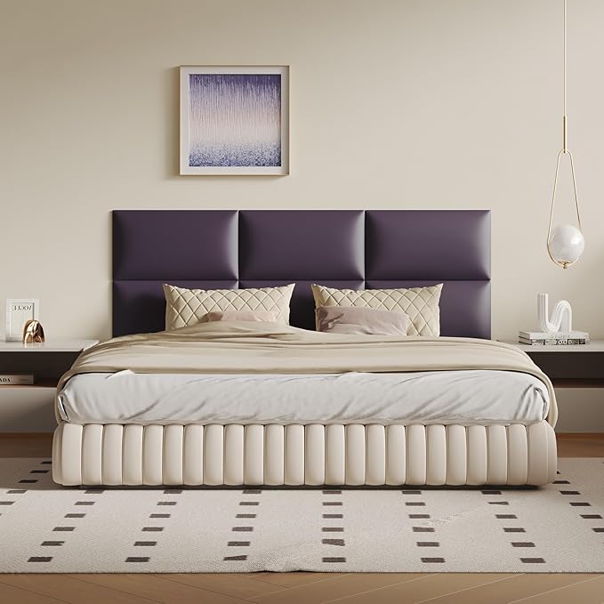 Purple Faux Leather Headboard for Queen Bed - 12-Panel Wall-Mount or Freestanding Design, 24x12-Inch Peel & Stick Upholstered Panels