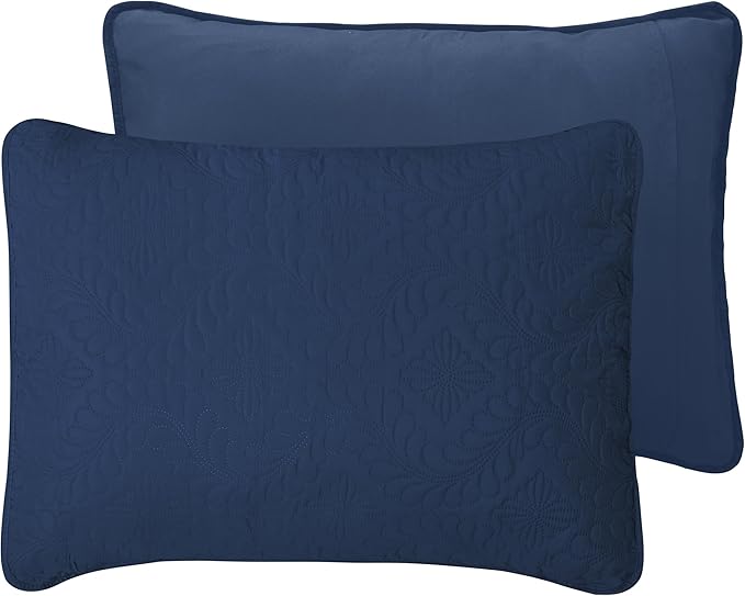 Easy-Going Twin Size Reversible Quilt Set with 1 Quilt and 1 Pillow Sham, Soft Bed Quilt Cover, Water Resistant Lightweight Microfiber Bedspread, Stain Resistant, Olive Leaf-Dark Blue/Light Blue