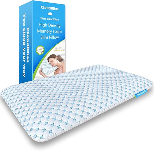CloudBliss Ultra Slim 3.3” Pillows for Side | Back | Stomach Sleepers, Memory Foam Flat Pillow, Low Profile Sleeper Pillows with Double Sided Comfortable Breathable Pillow Cover, Queen