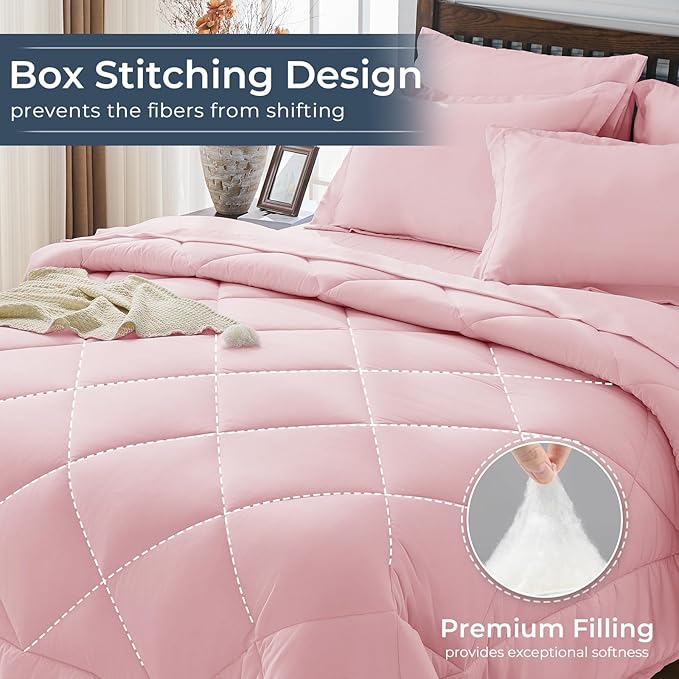 HEVUMYI Pink Full Comforter Set - 7-Piece All Season Bed in a Bag Full, Ultra Soft Bedding Set with Comforter, Flat Sheet, Fitted Sheet, Pillowcases, Pillow Shams, Pink