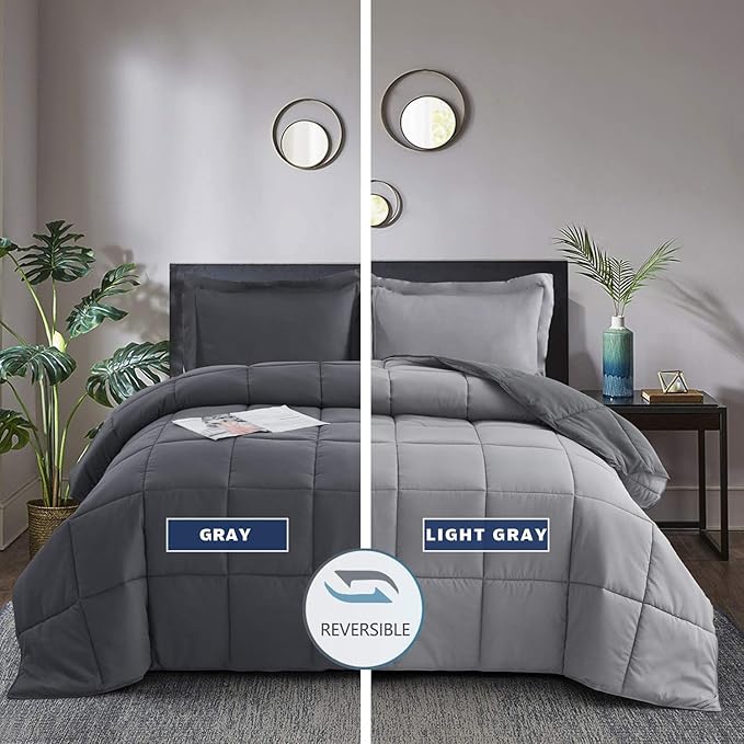 HIG 3 Pieces Grey California King Comforter Set, Modern Breathable Box Stitched Duvet Insert with 2 Shams, Soft Fluffy All Season Reversible Comforter Set Blanket with Corner Tabs for Bedroom