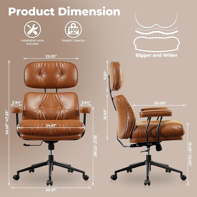 ovios Ergonomic Office Chair, High Back Faux Leather Executive Chairs with Thick Cushion, Comfy High-Century Modern Swivel Rolling Computer Armchair (Brown, PU Leather)
