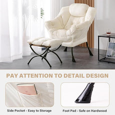 Tiita Lazy Chair with Ottoman, Modern Large Accent Lounge Armchair, Comfy Leisure Sofa Reading Chair with Footrest for Bedroom, Living Room, Dorm Rooms, Garden and Courtyard, Velvet Beige