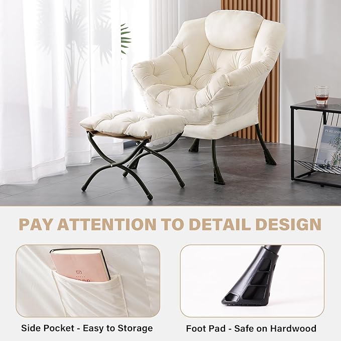 Tiita Lazy Chair with Ottoman, Modern Large Accent Lounge Armchair, Comfy Leisure Sofa Reading Chair with Footrest for Bedroom, Living Room, Dorm Rooms, Garden and Courtyard, Velvet Beige