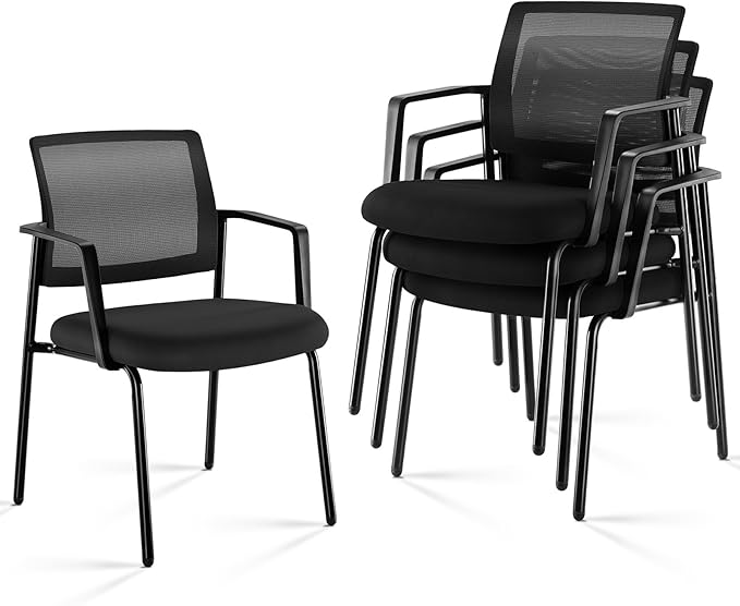 Sweetcrispy Mesh Back Stacking Arm Chairs 4 Pack, Upholstered Fabric Stack Chairs, Sturdy Metal, Easy to Use and Store, Outdoor and Indoor, for Home, Office, Party, Comfy，Black