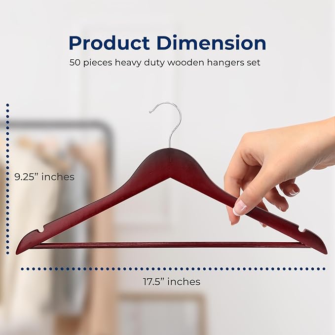 SereneLife Premium Wooden Hangers 50 Pack, Heavy Duty & Durable Coat Hanger, with 360-Degree Swivel Hook, Space Saving Clothes Hangers with Non-Slip Shoulder Notches for Shirts & Coats (Cherry)
