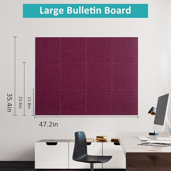 Large Bulletin Board 48" x 36" - 12 Pack Felt Wall Tiles with 60 Pcs Safe Removable Adhesive Tabs & 40 Pcs Pushpins, Cork Board for Office, School & Dart Wall Protector - Burgundy