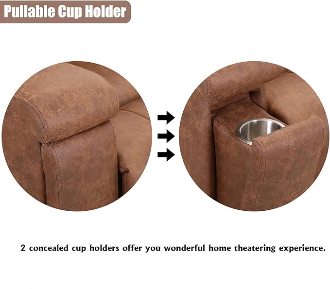 CANMOV Leather Recliner Chair, Classic and Traditional Manual Recliner Chair with Overstuffed Arms and Back, Manual Single Sofa with Concealed Cup Holders, Brown