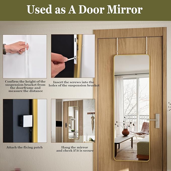 BEAUTYPEAK 14"x48" Full Length Over The Door Mirror, Aluminum Alloy Frame Full Body Mirror with Height-Adjustable Hangers, Hanging Mirrors for Bedroom, Living Room, Bathroom, Gold