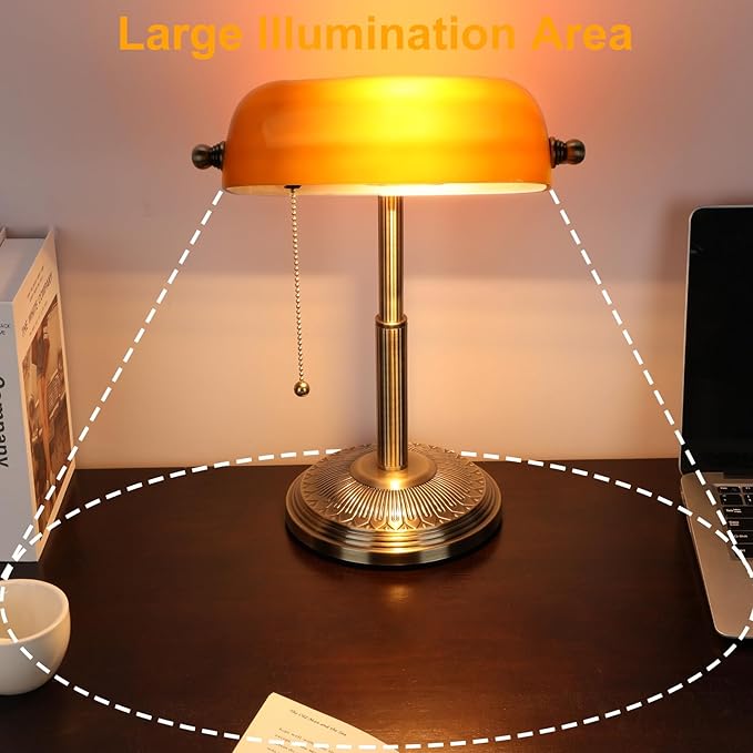 LINNMON Bankers Desk Lamp, Amber Retro Lamp, Vintage Lamp with Pull Chain Switch for Home Office (Brass+Amber)