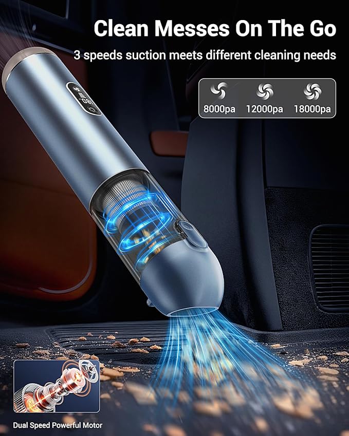 Handheld Vacuum Cordless, 18000Pa Car Vacuum with Brushless Motor, 5-in-1 Portable Hand Held Vacuum with 3 Speed Modes, High Power Mini Vacuum Cleaner with White LED & Red Flash for home, Car, Office