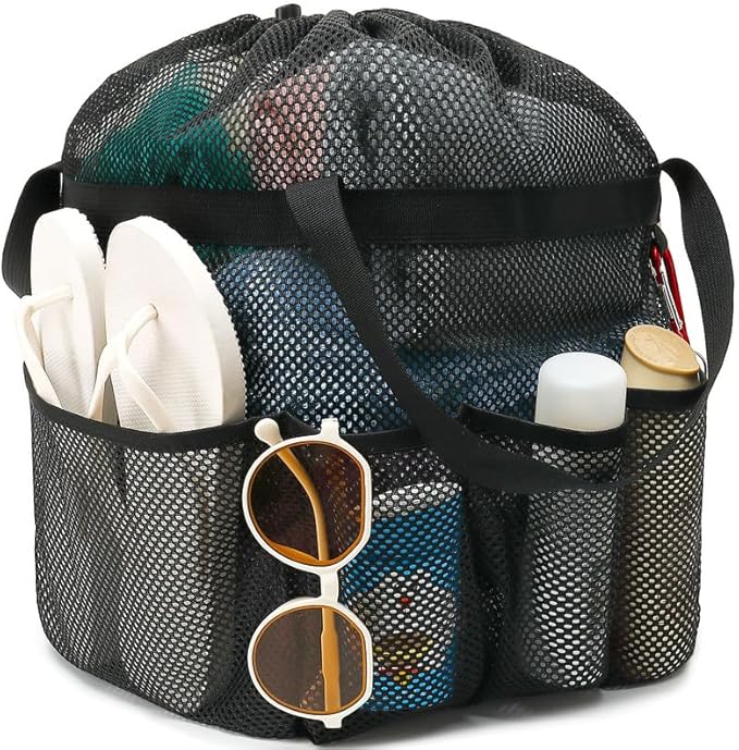 Mesh Shower Caddy Portable with Drawstring, Dorm Room Essentials for College Girls Guys, 8-Pocket Extra Large Shower Bag Basket Tote for Camping Beach Gym Travel Toiletry Bathroom
