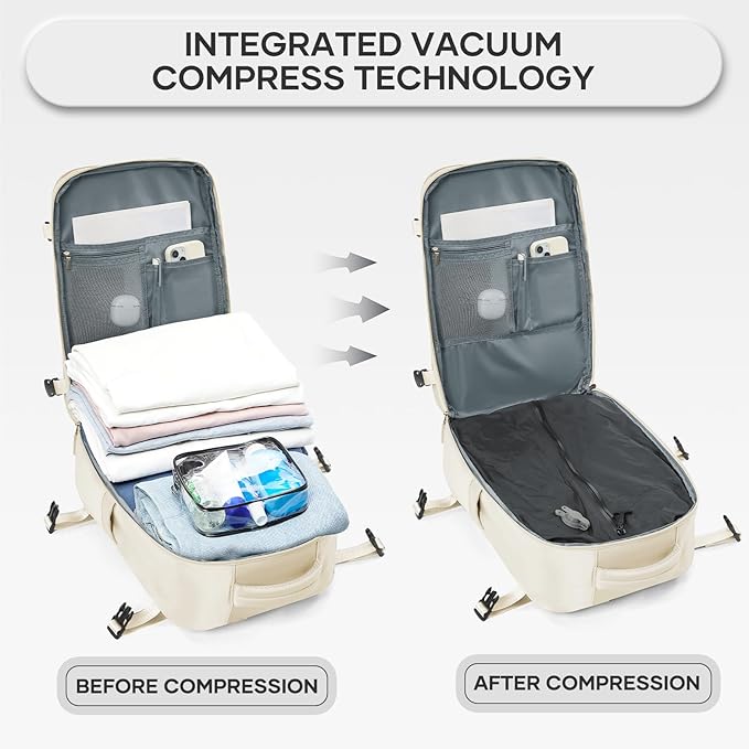 Vacuum Compression Backpack, Travel Vacuum Backpack with Electric Vacpack Pump, Flight Approved Carry On Personal Item Suitcase Luggage for Men Women, Beige, Large