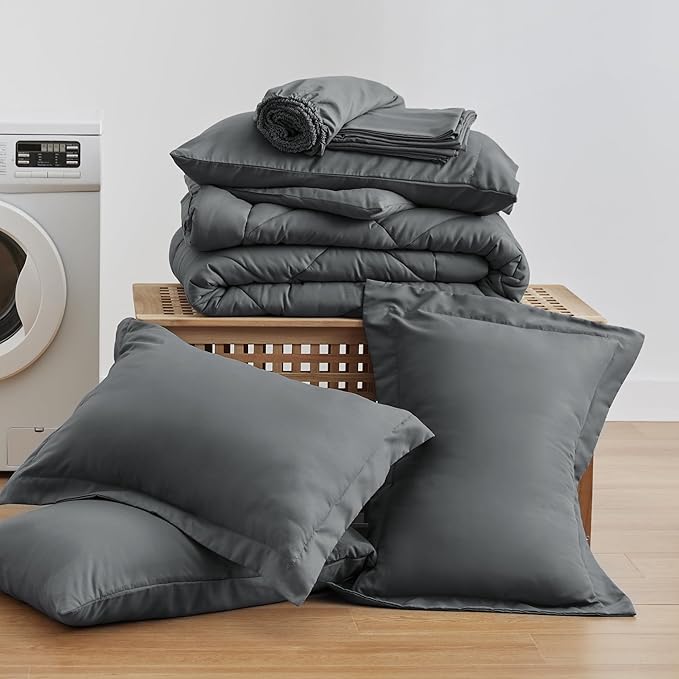 Love's cabin Full Comforter Set Dark Grey, 7 Pieces Full Bed in a Bag, All Season Bedding Sets with 1 Comforter, 1 Flat Sheet, 1 Fitted Sheet, 2 Pillowcase and 2 Pillow Sham