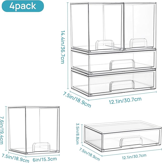 Vtopmart Clear Stackable Storage Drawers Set of 4, Plastic Organizer Bins for Makeup, Cosmetics, Beauty Supplies,Ideal for Vanity, Bathroom,Cabinet,Pantry Organization