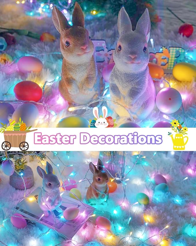 Easter Lights Battery Operated Fairy Lights, 2 Pack 33FT 100LED Multicolor easter String Lights, 8 Modes Waterproof Pastel Light Indoor Outdoor, Twinkle Lights for Room Garden Party Easter Decorations