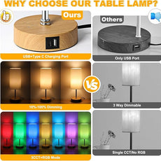 Unicozin Small Table Lamp, 3CCT & 7 RGB Color Changing, Dimmable Nightstand Lamp with Wood Grain Base, Touch Bedsides Lamp for Bedroom, Office, Kids Room, Nursery, Party, White Shade