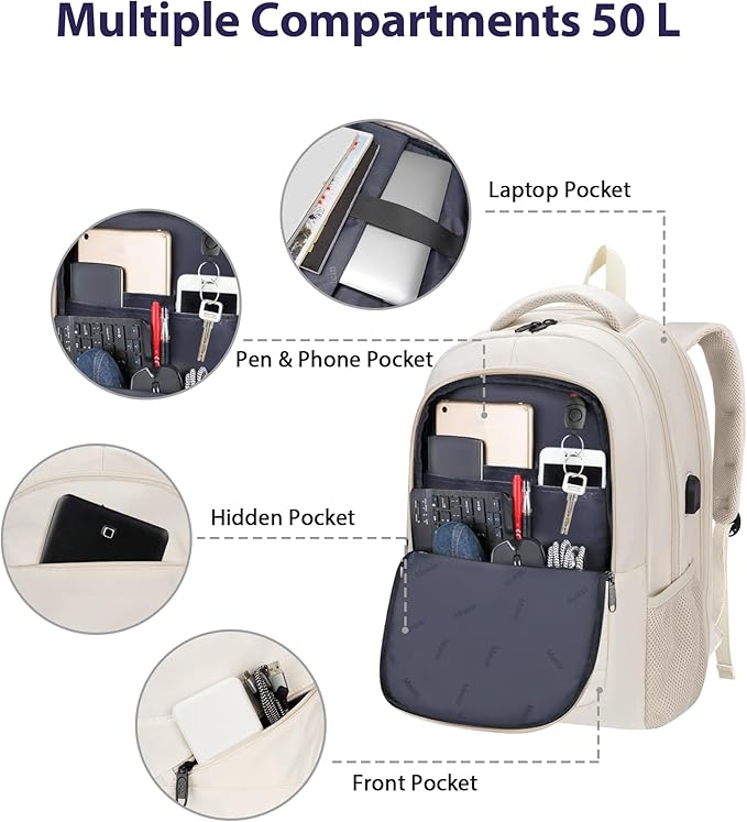 MATEIN Extra Large Backpack for Women, 18 Inch TSA College Backpack with Multiple Compartments & USB Charging Port, 50 L Fashion Work Computer Carryon for Business, Cream Beige