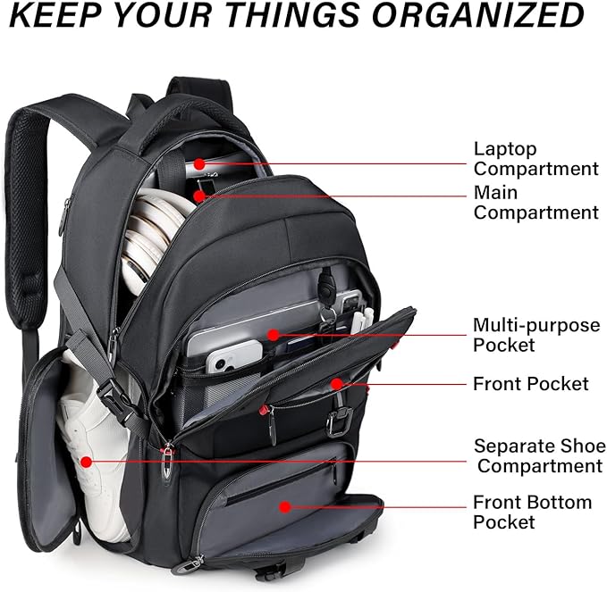 Gym Backpack For Men Women, 45L Expandable Travel Backpack with Shoe Compartment, Water Resistant Workout Sports Bag with USB Port Fit 17 Inch Laptop, Ideal for Gym, Sports, Camping, Hiking