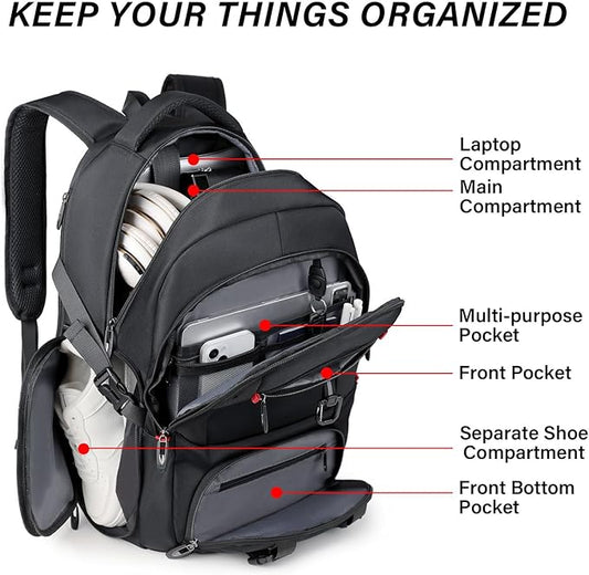 Gym Backpack For Men Women, 45L Expandable Travel Backpack with Shoe Compartment, Water Resistant Workout Sports Bag with USB Port Fit 17 Inch Laptop, Ideal for Gym, Sports, Camping, Hiking