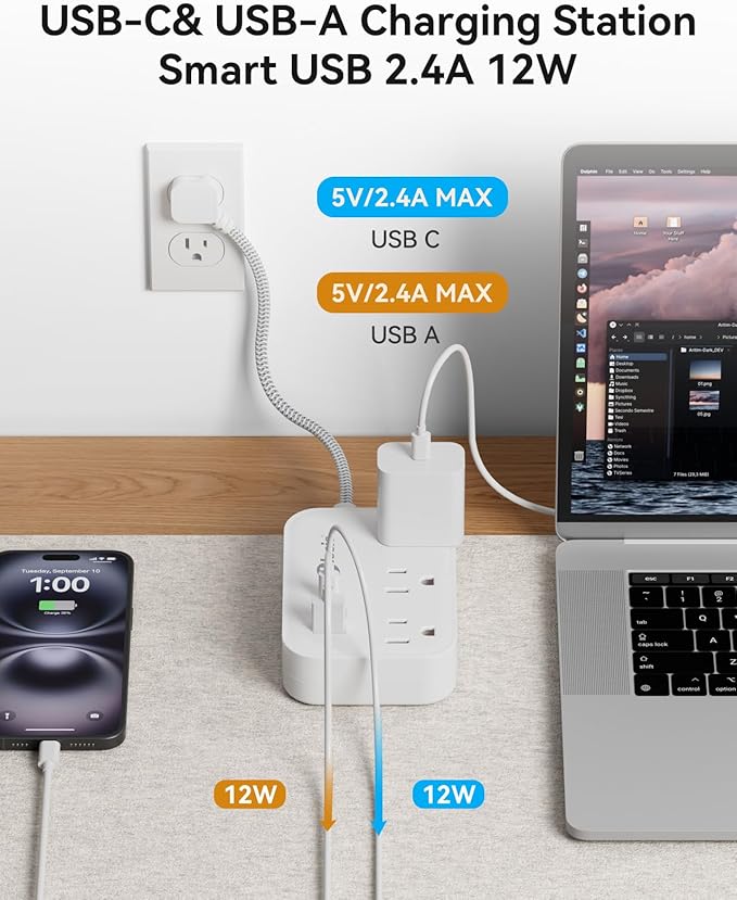 Short Extension Cord 1 ft - Flat Plug Small Power Strip No Surge Protetor with 3 Outlets 3 USB (1 USB C) Charging Ports, Multi Plug Small Outlet Splitter for Cruise Ship Home Office Dorm Room, White