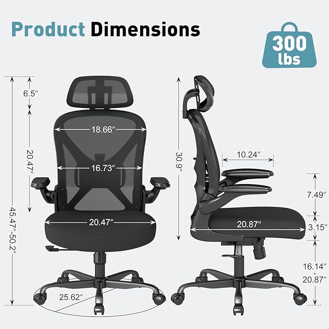 Ergonomic Office Chair Mesh Home Office Desk Chair with Adjustable Backrest and Headrest, Flip-up Armrests, Black