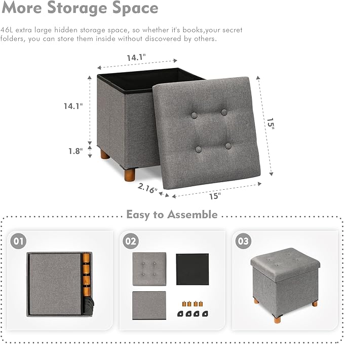 B FSOBEIIALEO Storage Ottoman with Tray, Foot Stools and Ottomans with Legs, Storage Cube Seat Linen Grey 15"