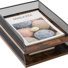 Set of 2 Vintage Wood & Metal Letter Tray，Desk Organizers Paper Tray，Office File Organizer(Black)