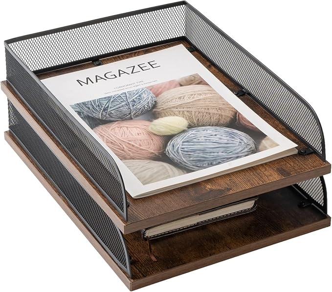 Set of 2 Vintage Wood & Metal Letter Tray，Desk Organizers Paper Tray，Office File Organizer(Black)